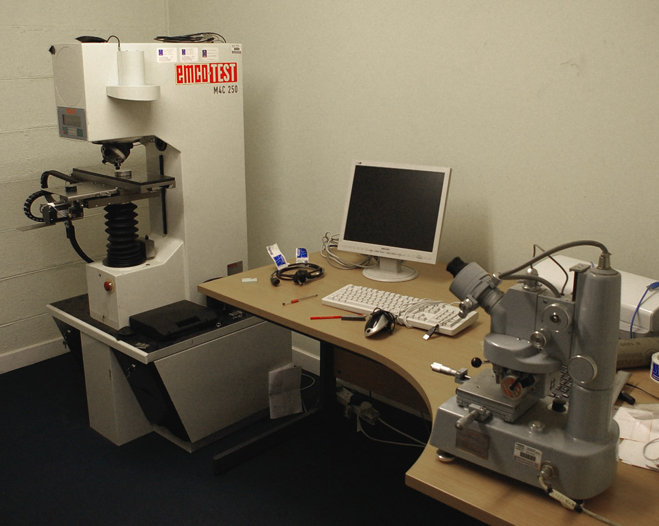 Automatic computer controlled Vickers hardness tester and <BR>(foreground) a light load hardness tester